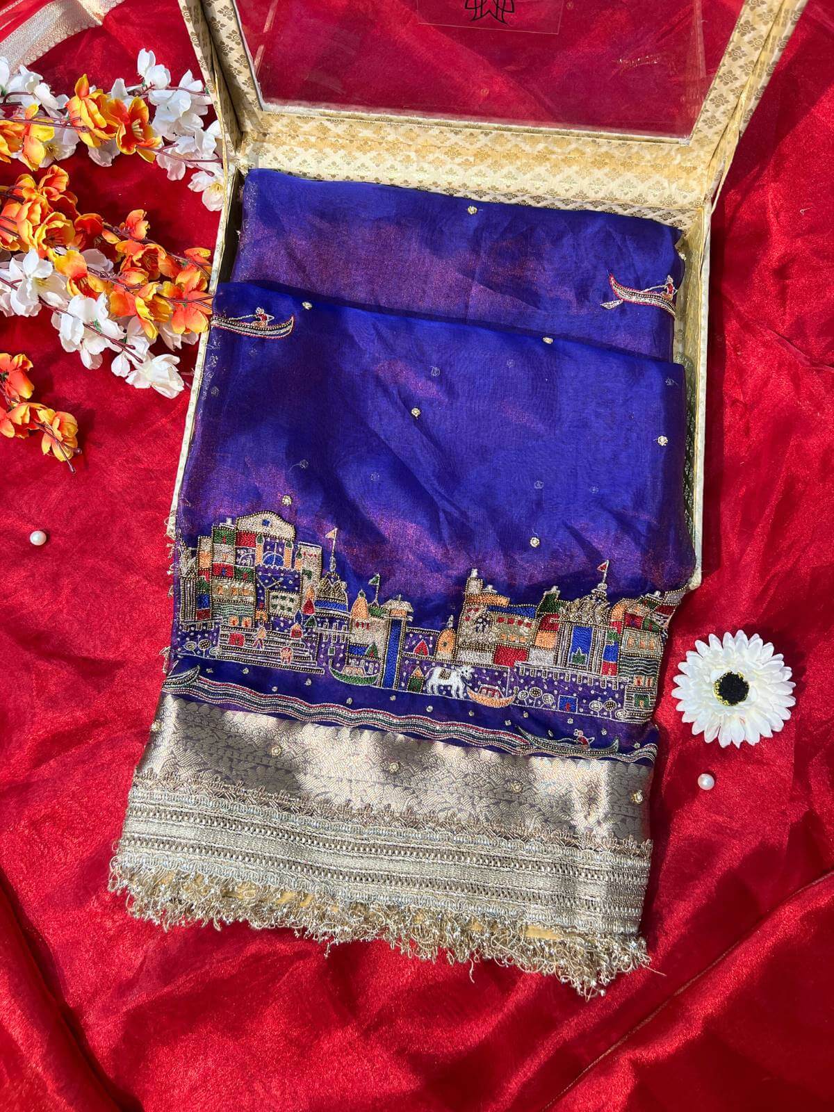 Royal Blue Tissue Silk Saree Meena Ghat with Hand Embroidered Banarasi Ghat front view