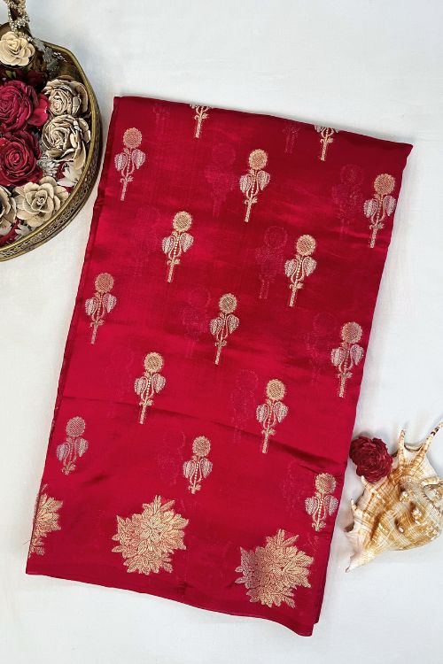 Cherry Red Raw Mango Silk Saree with floral buti, brocade aachal, floral border, and unstitched brocade blouse