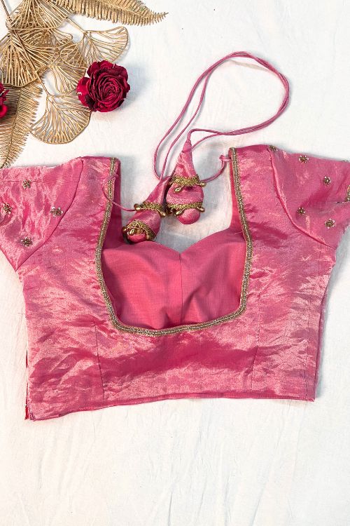 Hand Embroidered Pink Pure Tissue Silk Saree