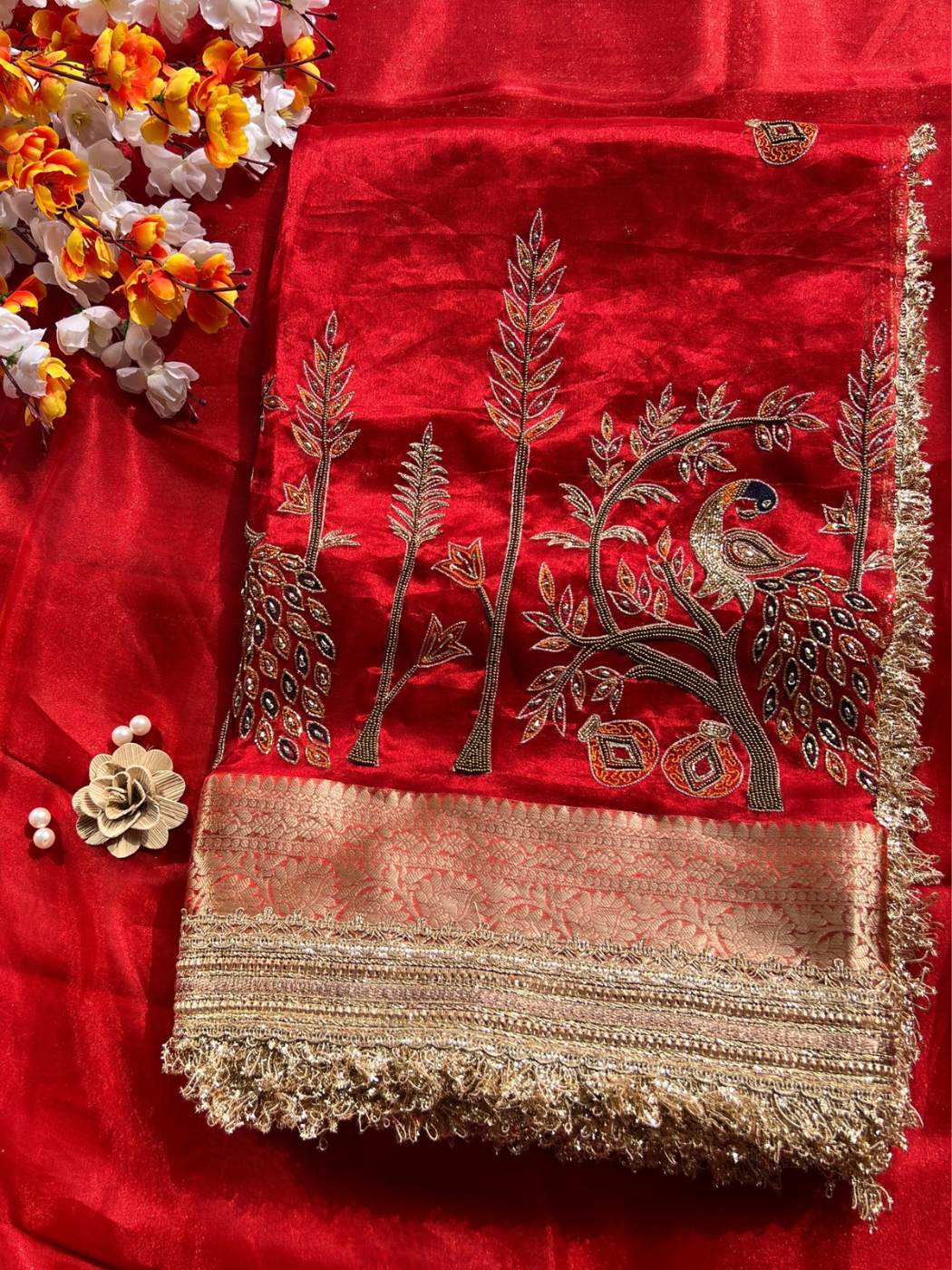 Royal Red Tissue Silk Saree Shahi Mor front view