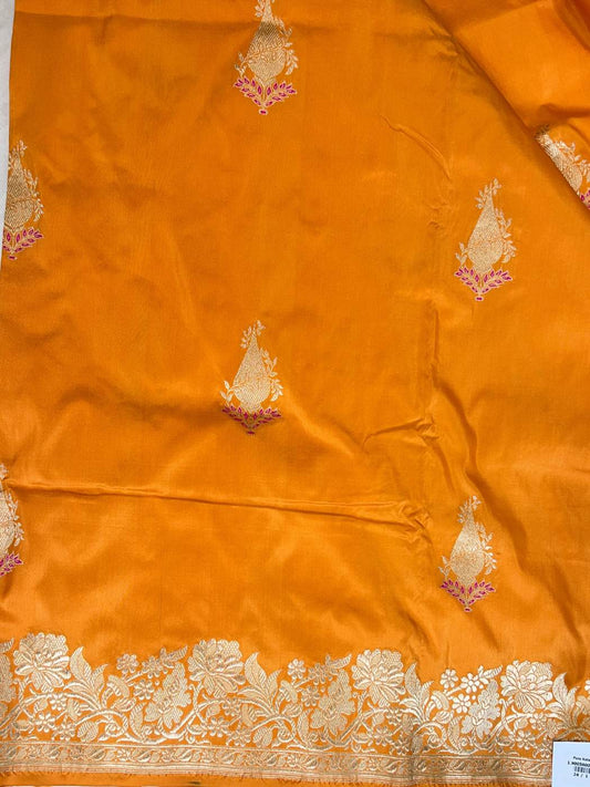 Orange Katan Silk Saree with kalga-inspired buta closeup view
