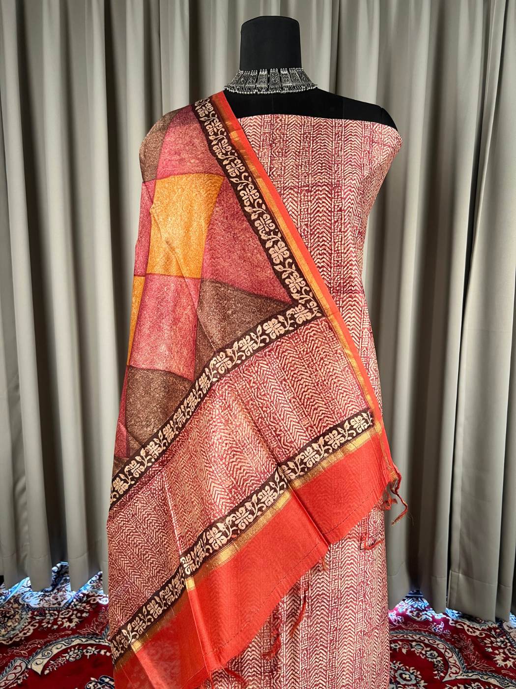 Maroon Mul Chanderi Suit with floral and abstract hand block Closeup view