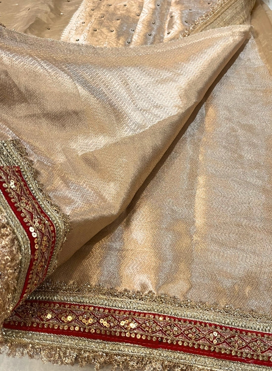 Hand Embroidered Golden Banarasi Tissue Silk Saree with Phool Buta, Pure Tissue Silk Fabric, and Intricate Handcrafted Details