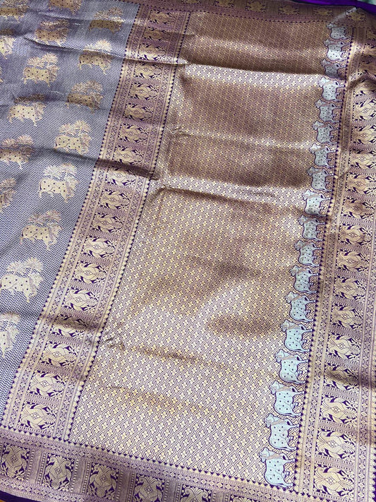 Purple Katan Silk Saree with elephant full view