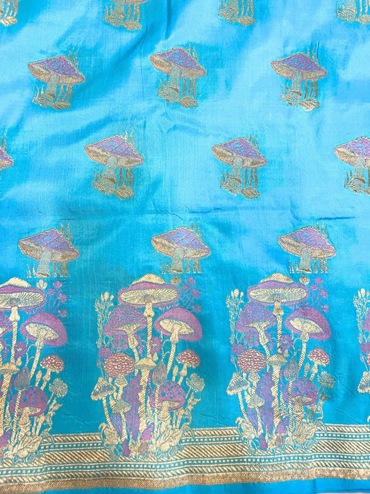 Sky Blue Katan Silk Saree with mushroom-inspired buta closeup view