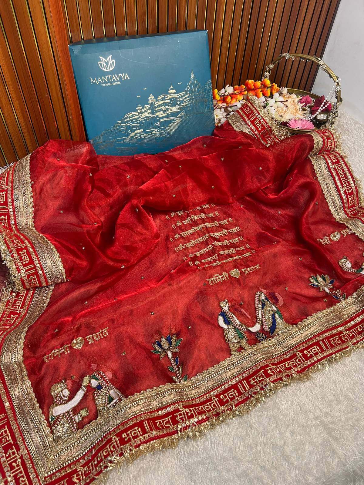 Royal red Saat Vachan Banarasi silk dupatta with traditional wedding motifs