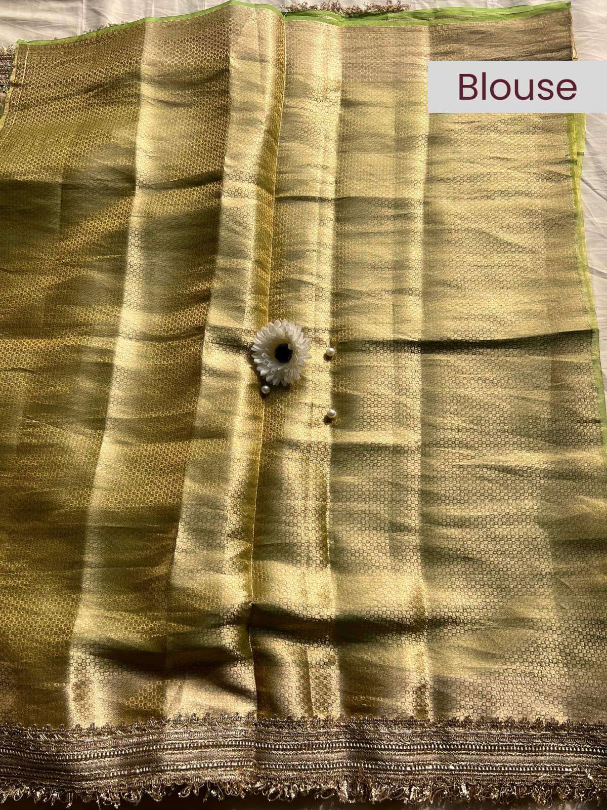 Pista green Radha Krishna Banarasi silk saree blouse with divine traditional artwork