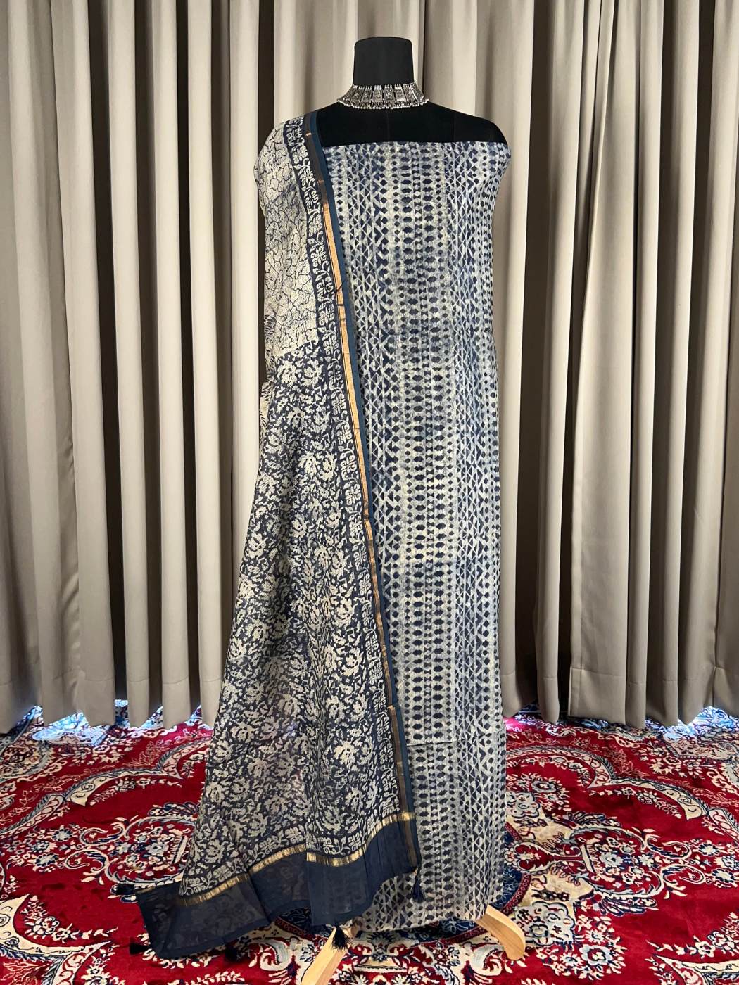 Royal Blue Mul Chanderi Suit with floral and abstract hand block full view
