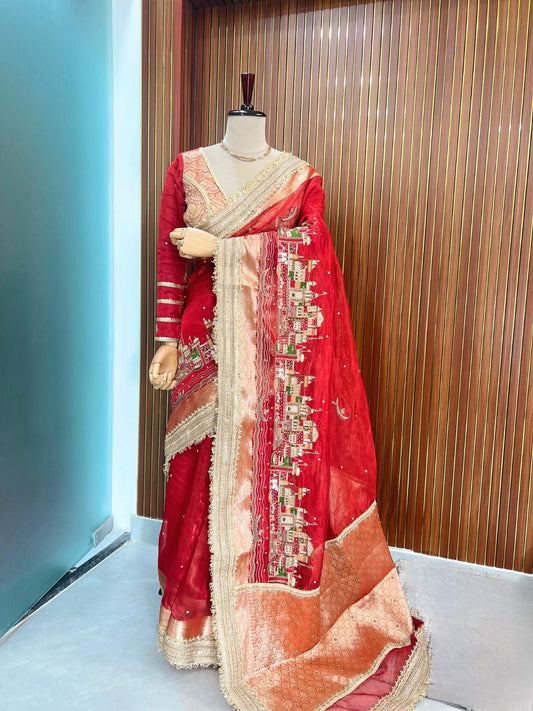 Royal Red Tissue Silk Saree Meena Ghat with Hand Embroidered Banarasi Ghat dummy view