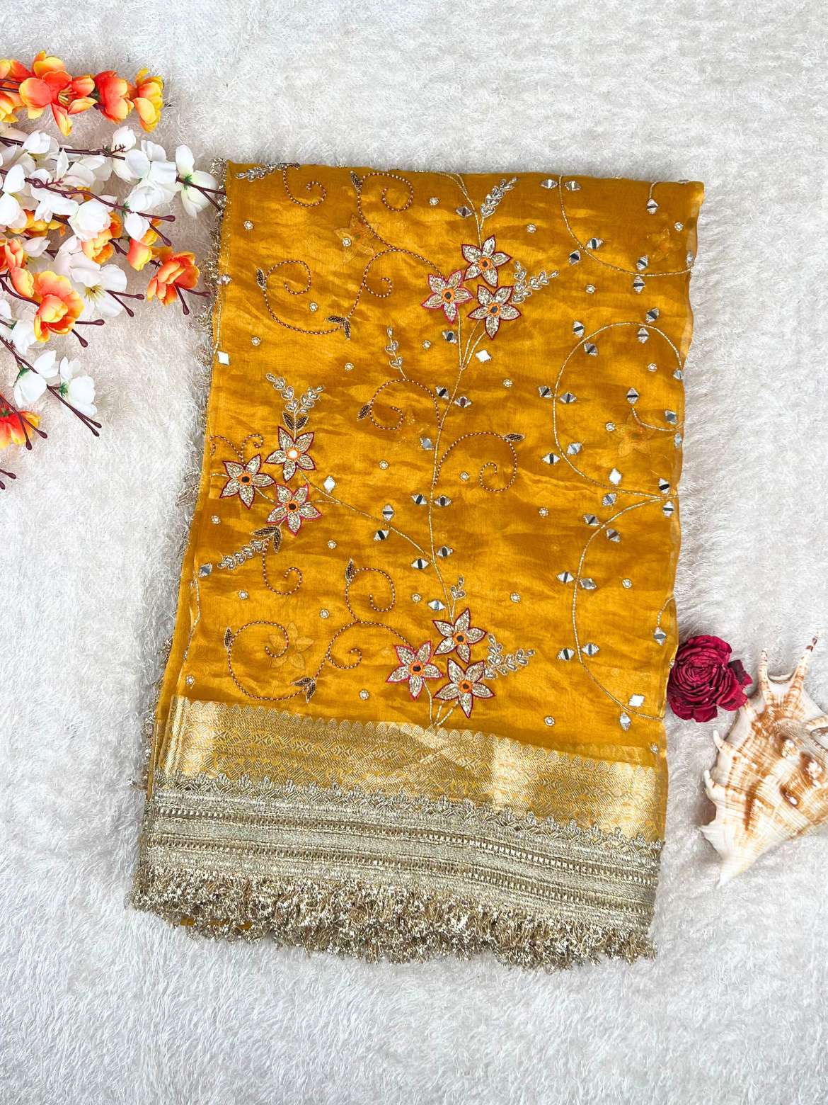 Mustard yellow Gold Roshani silk saree with rich golden detailing