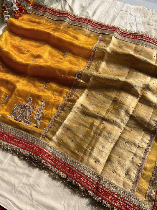 Yellow Tissue Silk Saree Saat Phere With Hand-embroidered Full view