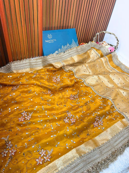 Mustard yellow Gold Roshani silk saree with rich golden detailing
