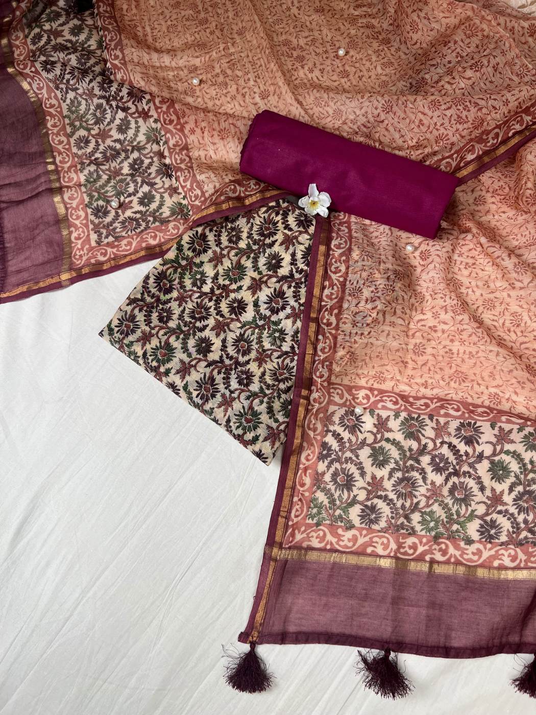 Maroon Mul Chanderi Suit with floral and abstract hand block front view