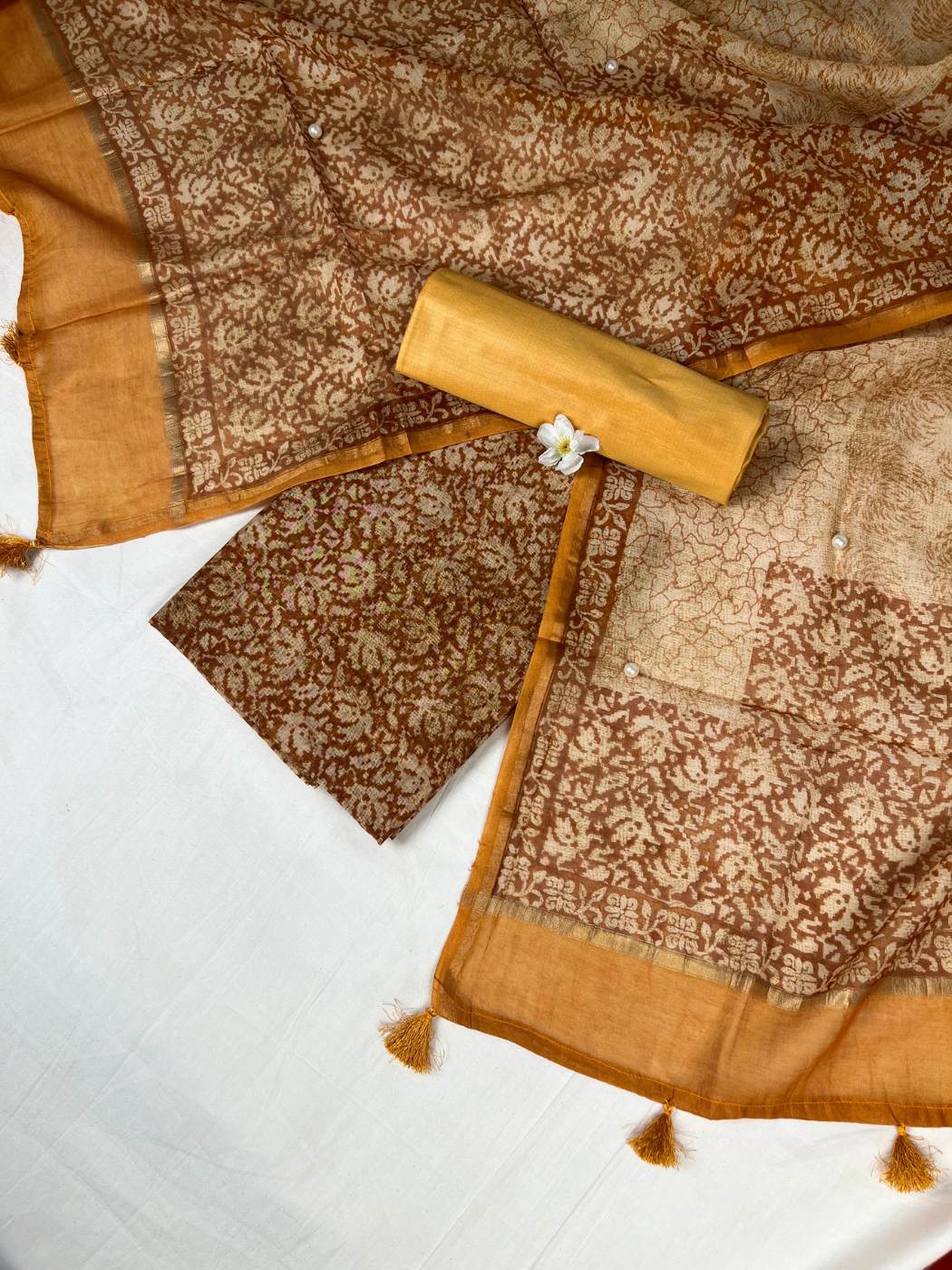 Mustard Yellow Mul Chanderi Suit with floral and abstract hand block front view