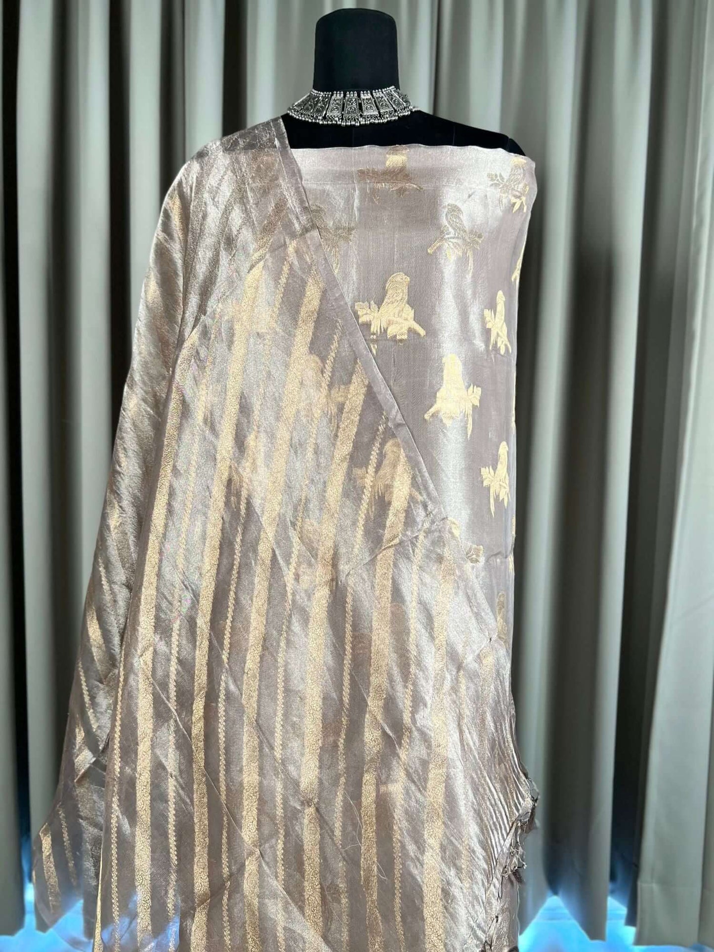 champagne beige Tissue Silk Suit with gold woven closeup view