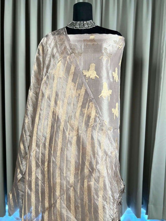 champagne beige Tissue Silk Suit with gold woven closeup view