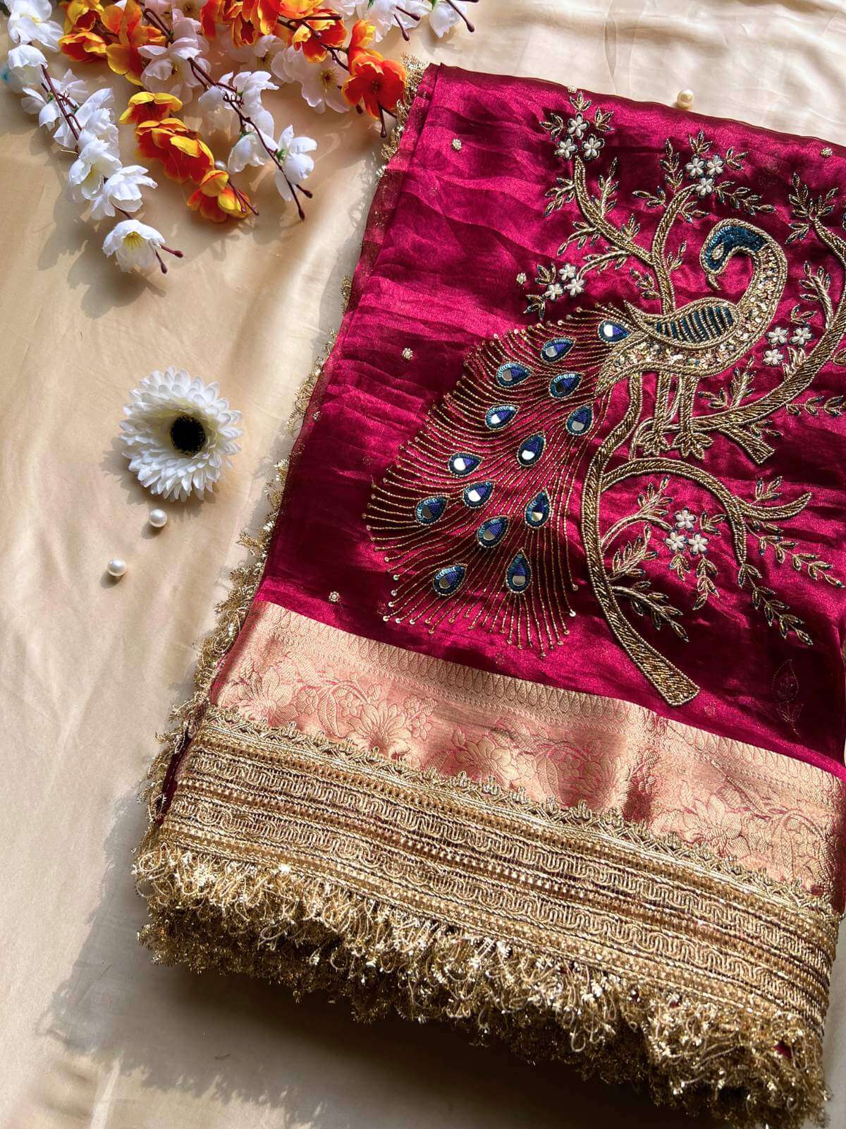 Wine pink Banarasi Tissue silk saree Morni with elegant peacock Front view