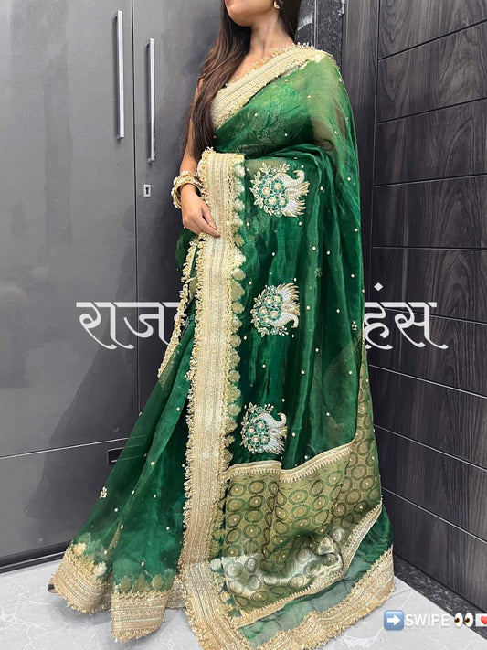 Emerald Green Banarasi Tissue Silk Saree with Swan Motif and Gota Patti Border