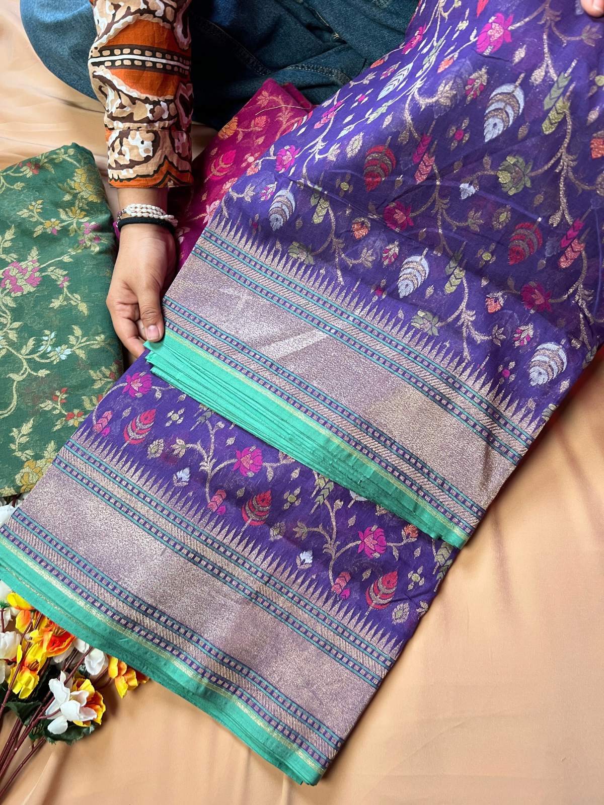 Purple Cotton Jamdani Saree with multicolor floral front view