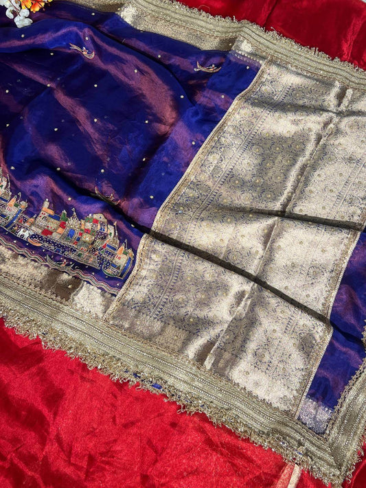 Royal Blue Tissue Silk Saree Meena Ghat with Hand Embroidered Banarasi Ghat full view