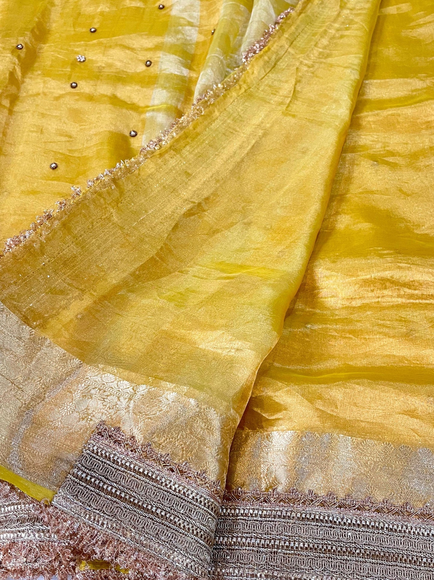 Hand Embroidered Yellow Banarasi Tissue Silk Saree with flower buta, gota patti border, brocade aachal, and unstitched brocade blouse piece