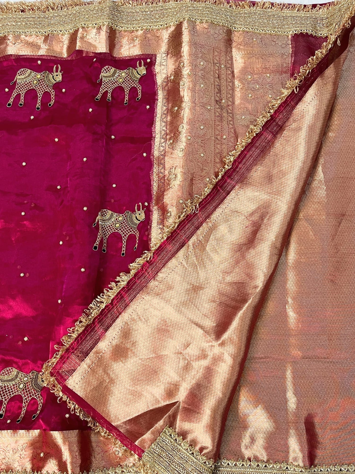 Hand Embroidered Pink Banarasi Tissue Silk Saree with Nandi motifs, gota patti border, brocade aachal, and brocade blouse piece