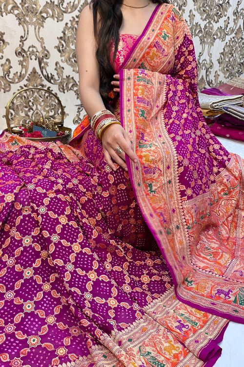Purple Tilfi Khaddi Georgette Banarasi Bandhej Saree