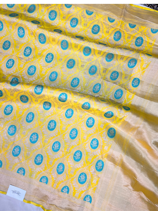 Yellow Katan Silk Saree with floral full view