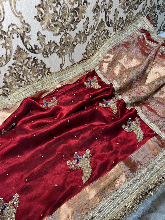 Royal red Mayur Banarasi tissue silk saree with hand-embroidered floral and bird motifs in gold zari