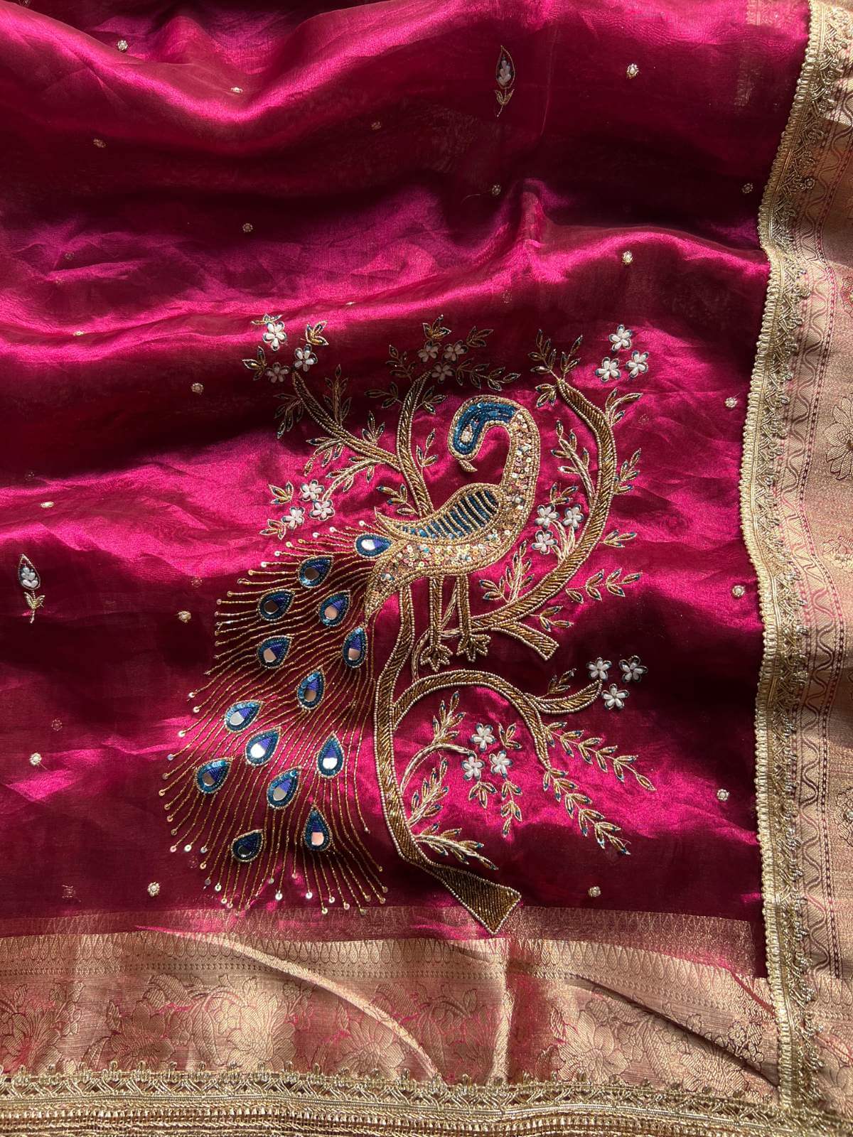 Wine pink Banarasi Tissue silk saree Morni with elegant peacock Closeup View