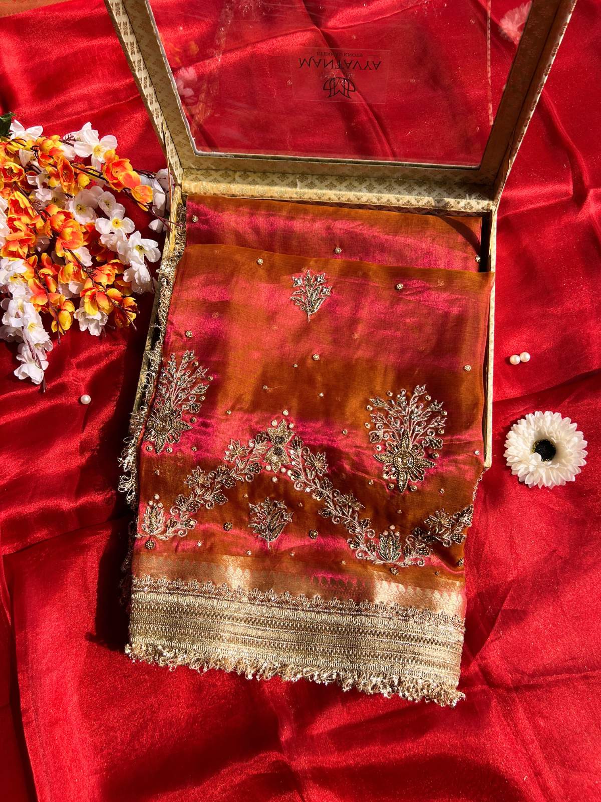 Pink Orange Tissue Silk Saree Dhoop Chav Shagun with Hand Embroidered floral and paisley-inspired Showcase