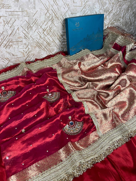 Royal Red Tissue Silk Saree Jhumka with Hand Embroidery Full View