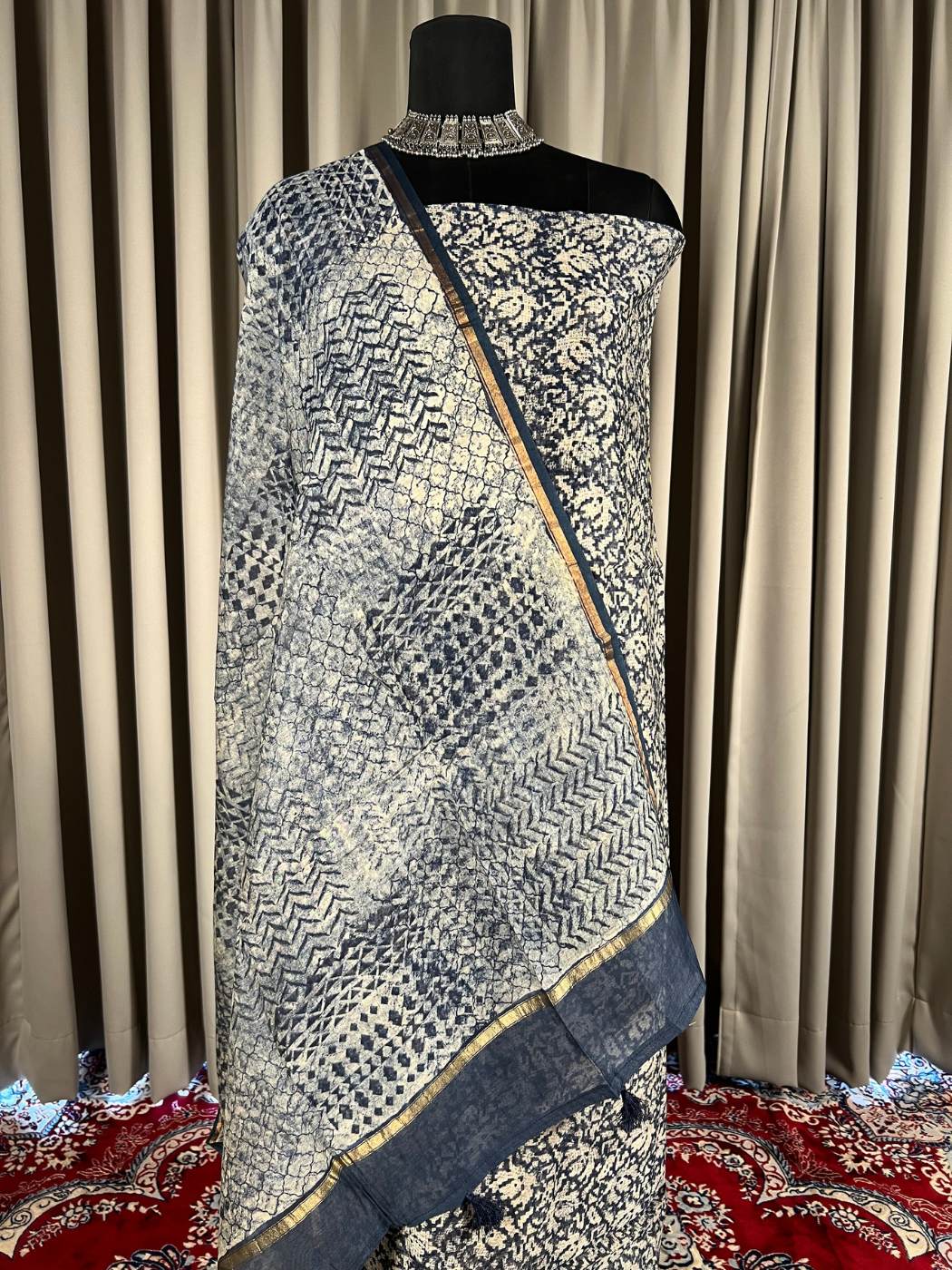 Navy Blue Mul Chanderi Suit with floral and abstract hand block Closeup view
