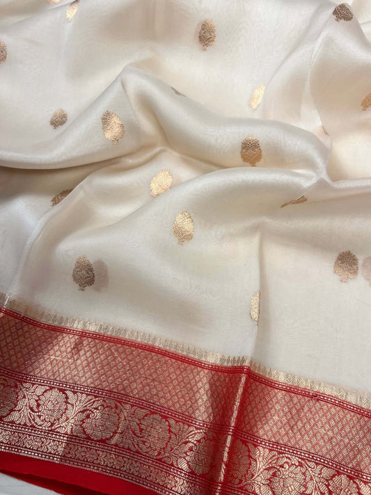 Ivory White Kora Silk Saree Closeup view