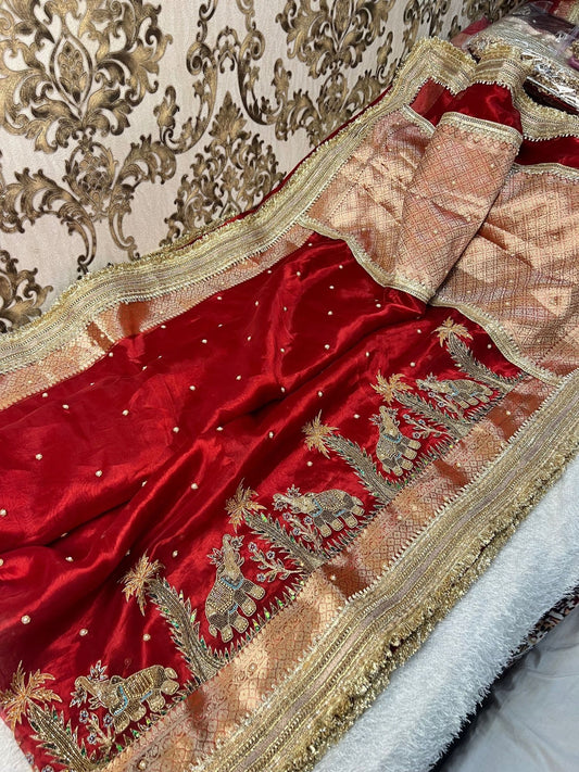 Red Gajgamini Hand-Embroidered Tissue Silk Saree with Elephant Motifs