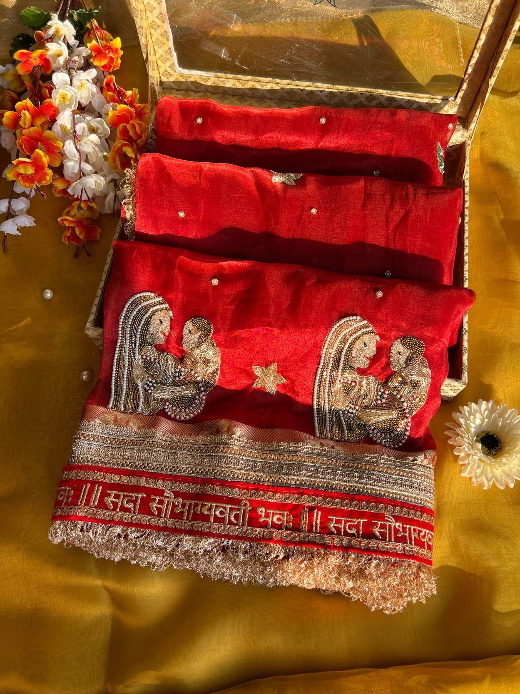 Red Baby Tissue Silk Saree Baby Shower with Hand Embroidered fornt view