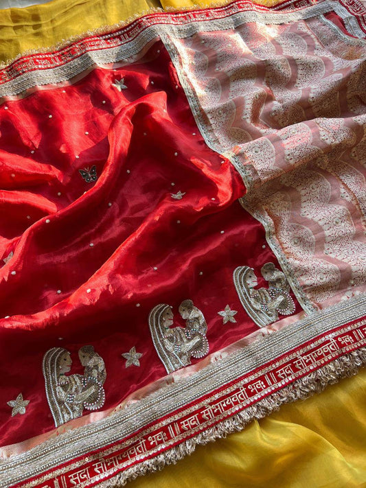 Red Baby Tissue Silk Saree Baby Shower with Hand Embroidered full view