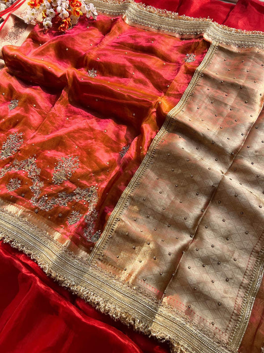 Pink Orange Tissue Silk Saree Dhoop Chav Shagun with Hand Embroidered floral and paisley-inspired full view