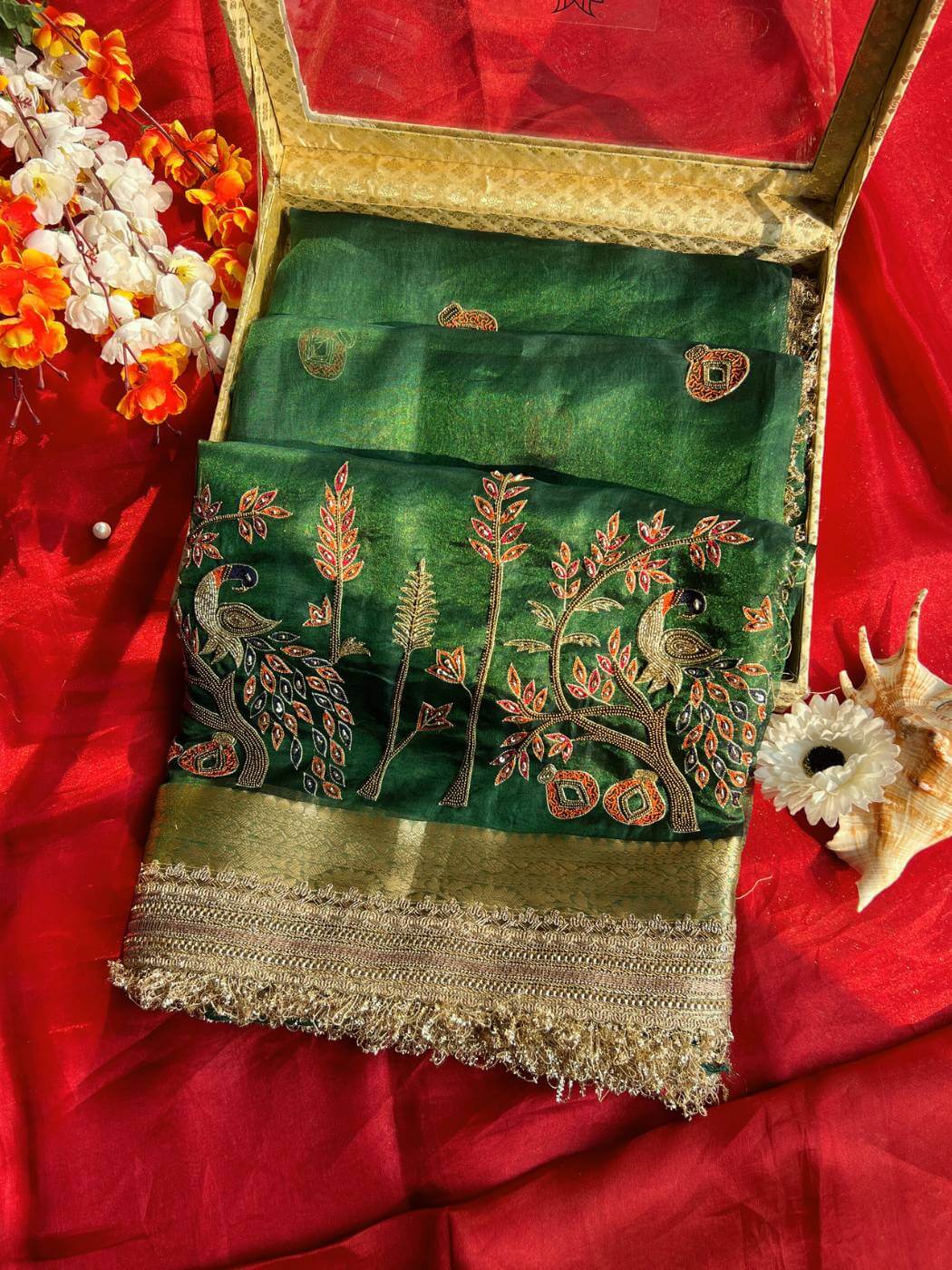 Emerald Green Tissue Silk Saree Shahi Mor with Peacock and delicate floral vines front view
