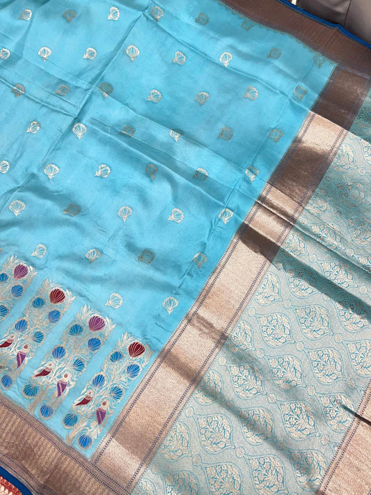 Blue Katan Silk Saree with floral shell full view