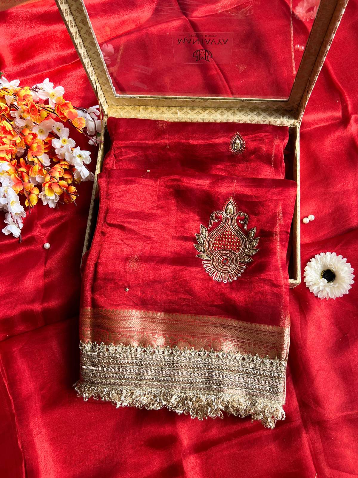 Royal Red Tissue Silk Saree Kundan with Hand Embroidered front view