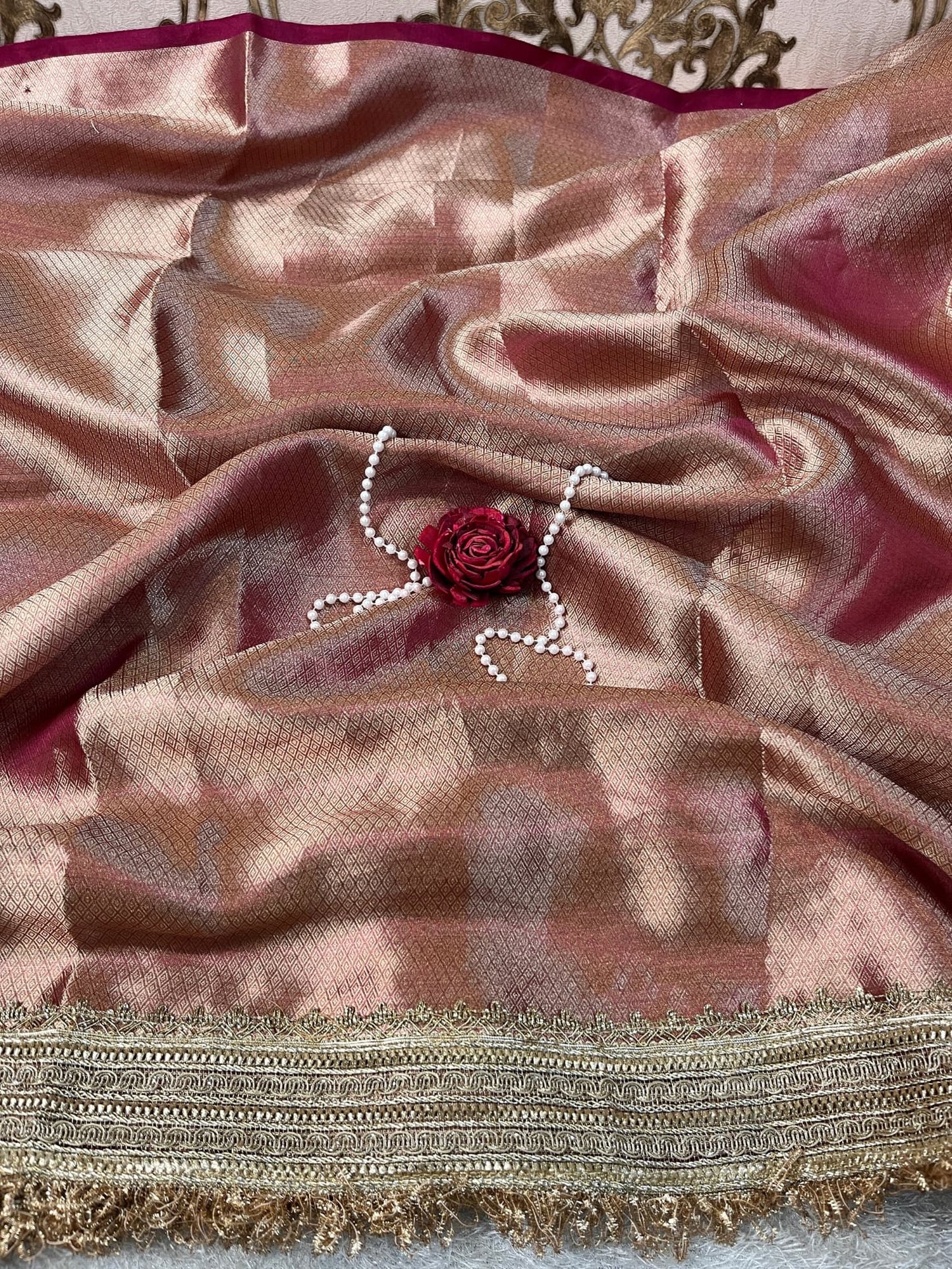 Beautiful Pink Banarasi tissue silk saree with hand embroidery and woven buta