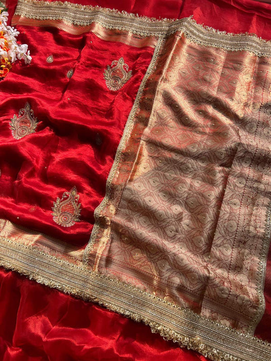 Royal Red Tissue Silk Saree Kundan with Hand Embroidered full view