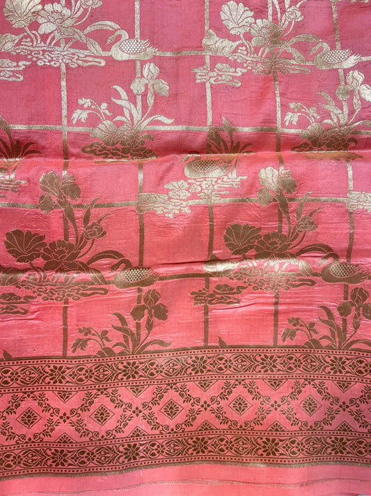 Peach Katan Silk Saree with floral full view