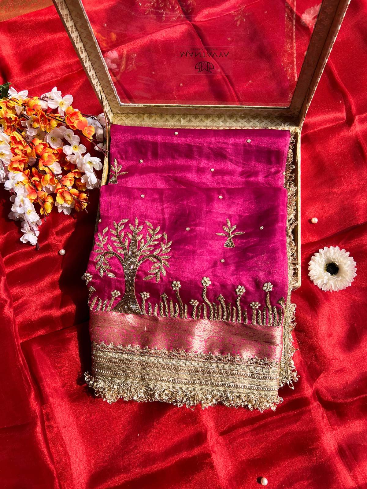 Hot Pink Tissue Silk Saree Vatika with Hand Embroidered Vatika Showcase
