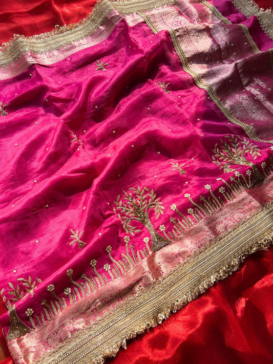 Hot Pink Tissue Silk Saree Vatika with Hand Embroidered Vatika full view
