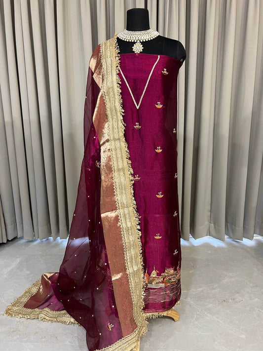 Wine Tissue Silk Suit Banarasi ghat with hand embroidery traditional diya (lamp) full view