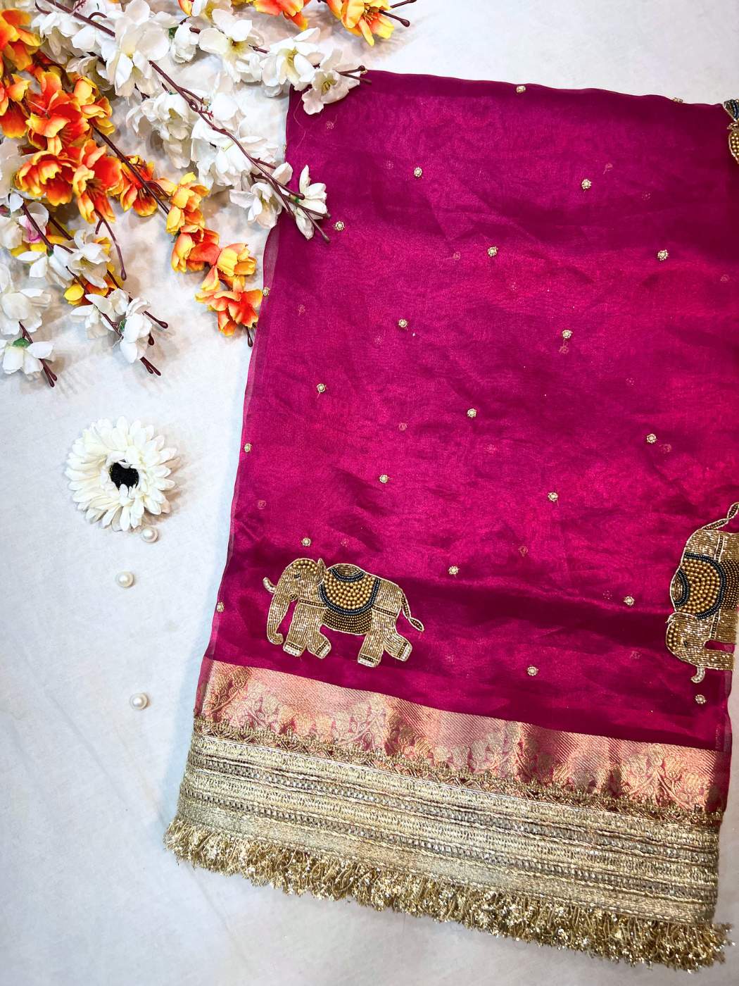 Hot Pink Gaj Tissue Silk Saree Front View