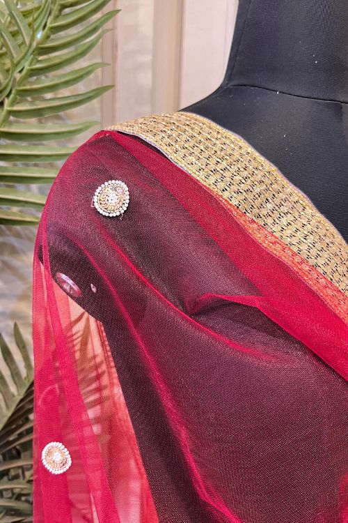 Red Hand Embroidered Tissue Silk Dupatta