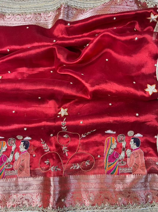 Red Karwa Chauth Banarasi silk saree for festive rituals